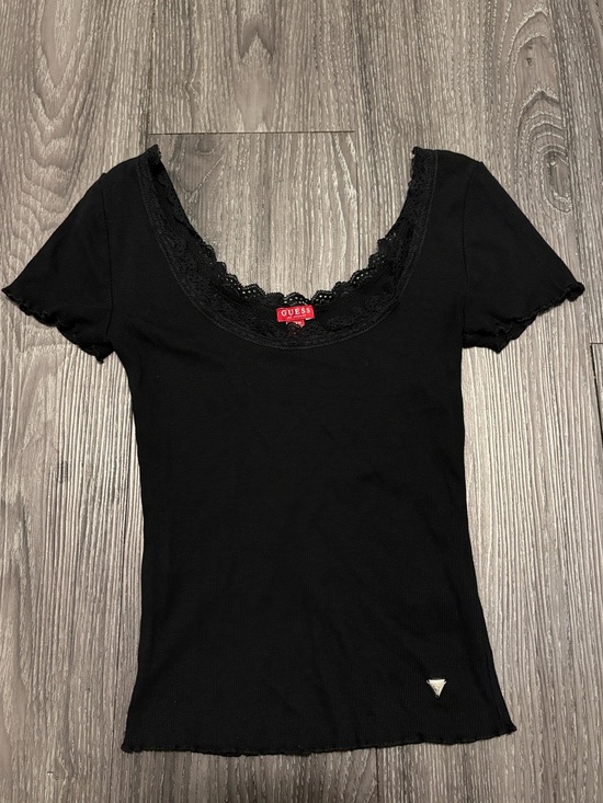 Guess Tops - GUESS Square Neck Black Lace Trim Short Sleeve Top